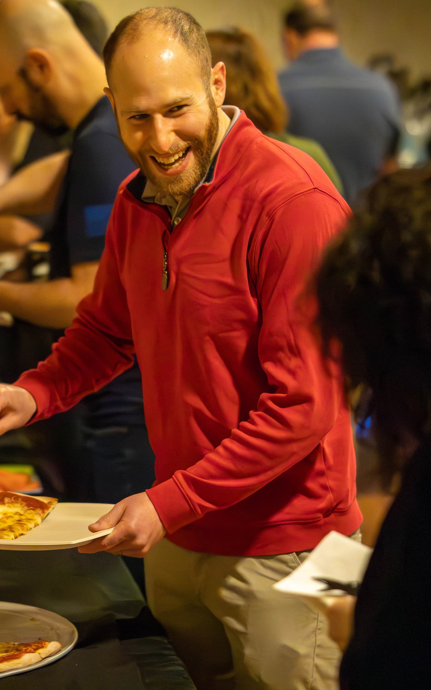 Chamber member having a conversation in a buffet line